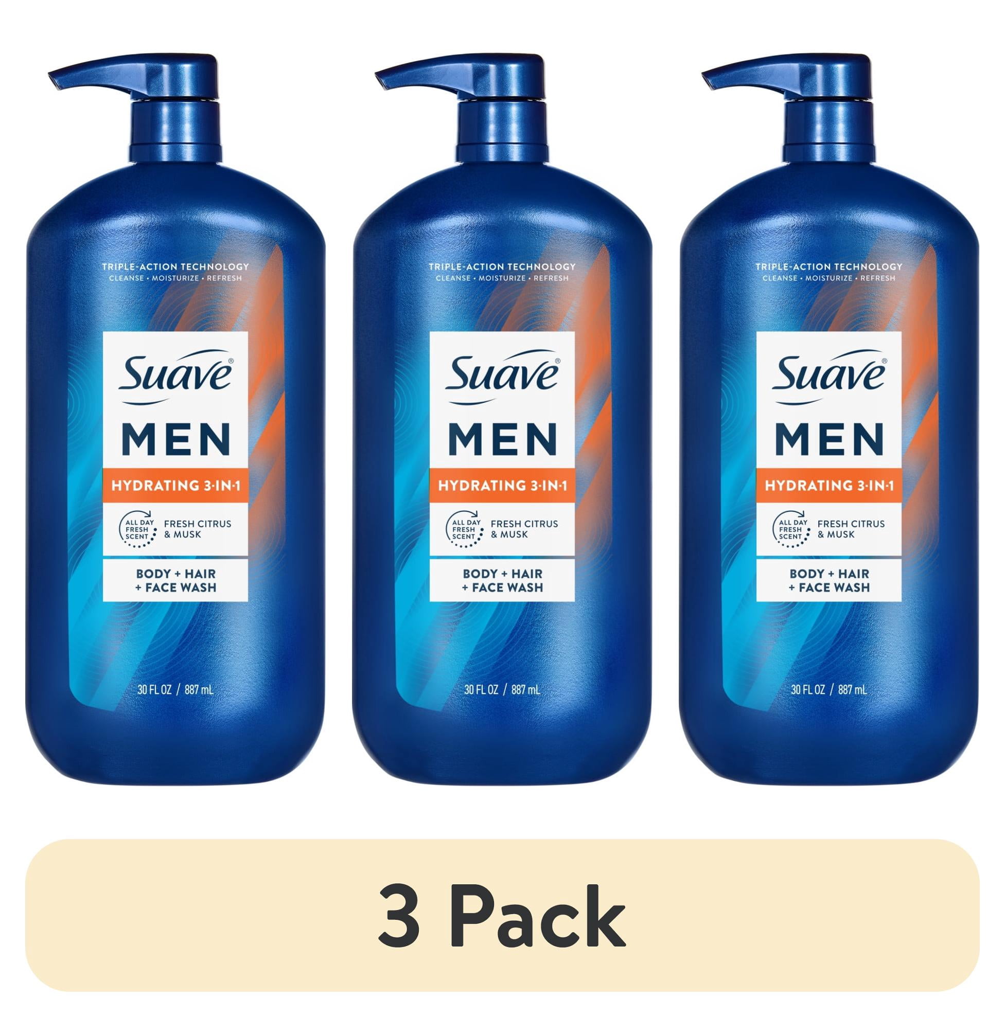 (3 pack) Suave Men Hydrating 3-in-1 Body + Hair + Face Wash with Glycerin & Vitamin E, 30 fl oz