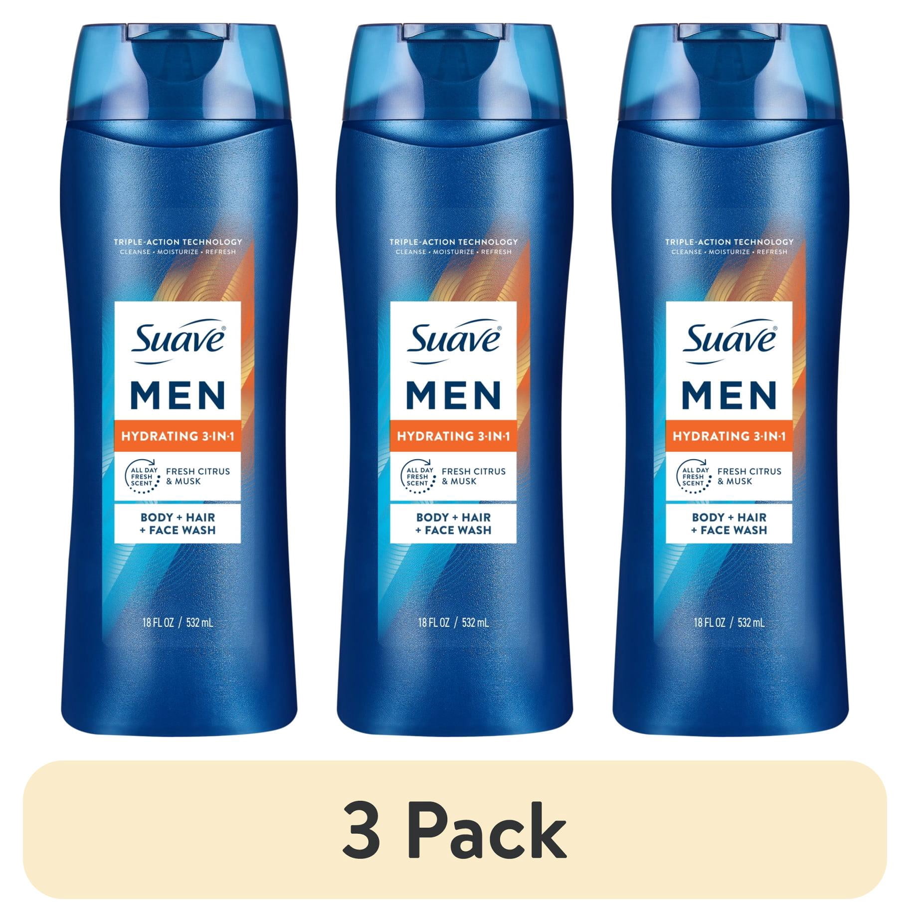 (3 pack) Suave Men Hydrating 3-in-1 Body, Hair & Face Wash with Glycerin and Vitamin E, 18 fl oz