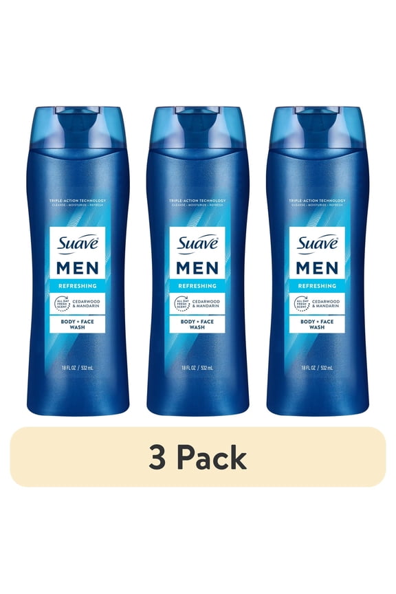 (3 pack) Suave Men Refreshing 2-in-1 Body & Face Wash with Glycerin & Vitamin E, 18 FL OZ