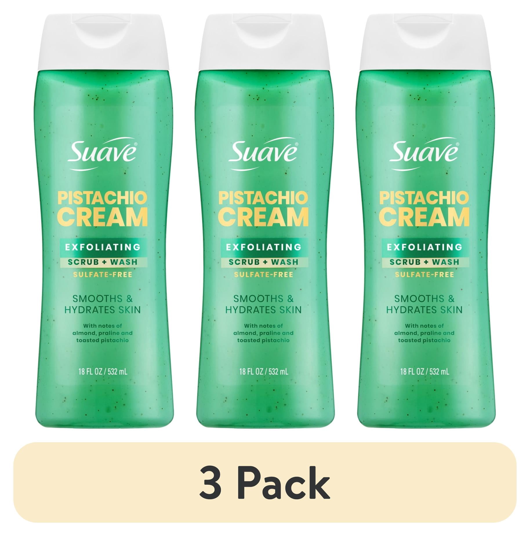 (3 pack) Suave Pistachio Cream Exfoliating Body Wash & Scrub with Glycerin & Vitamin E, Sulfate-Free Hydrating Cleanser for Soft, Smooth Skin, 18 fl oz