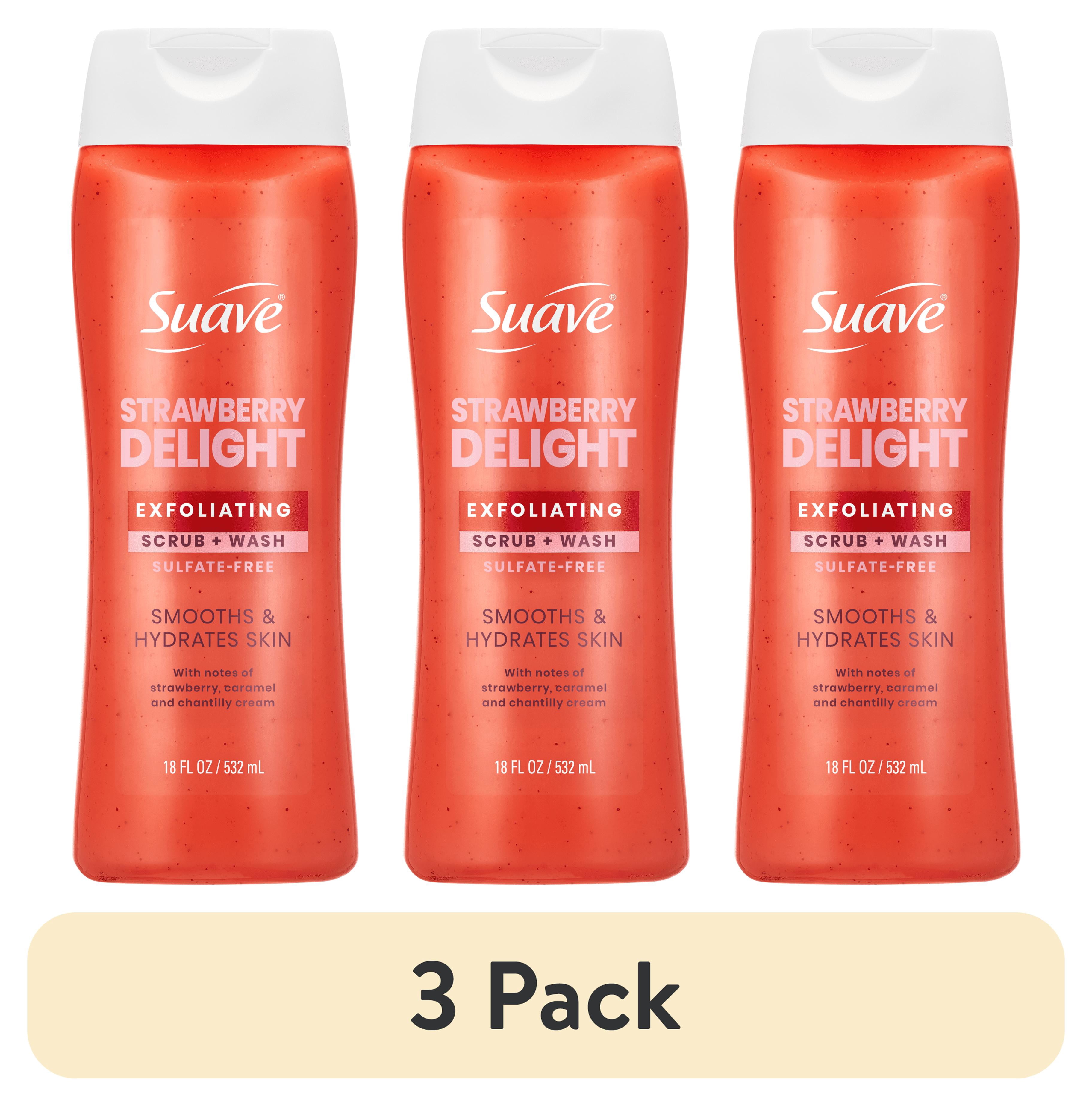 (3 pack) Suave Strawberry Delight Exfoliating Body Wash & Scrub with Glycerin & Vitamin E, Sulfate-Free Hydrating Cleanser for Soft, Smooth Skin, 18 fl oz