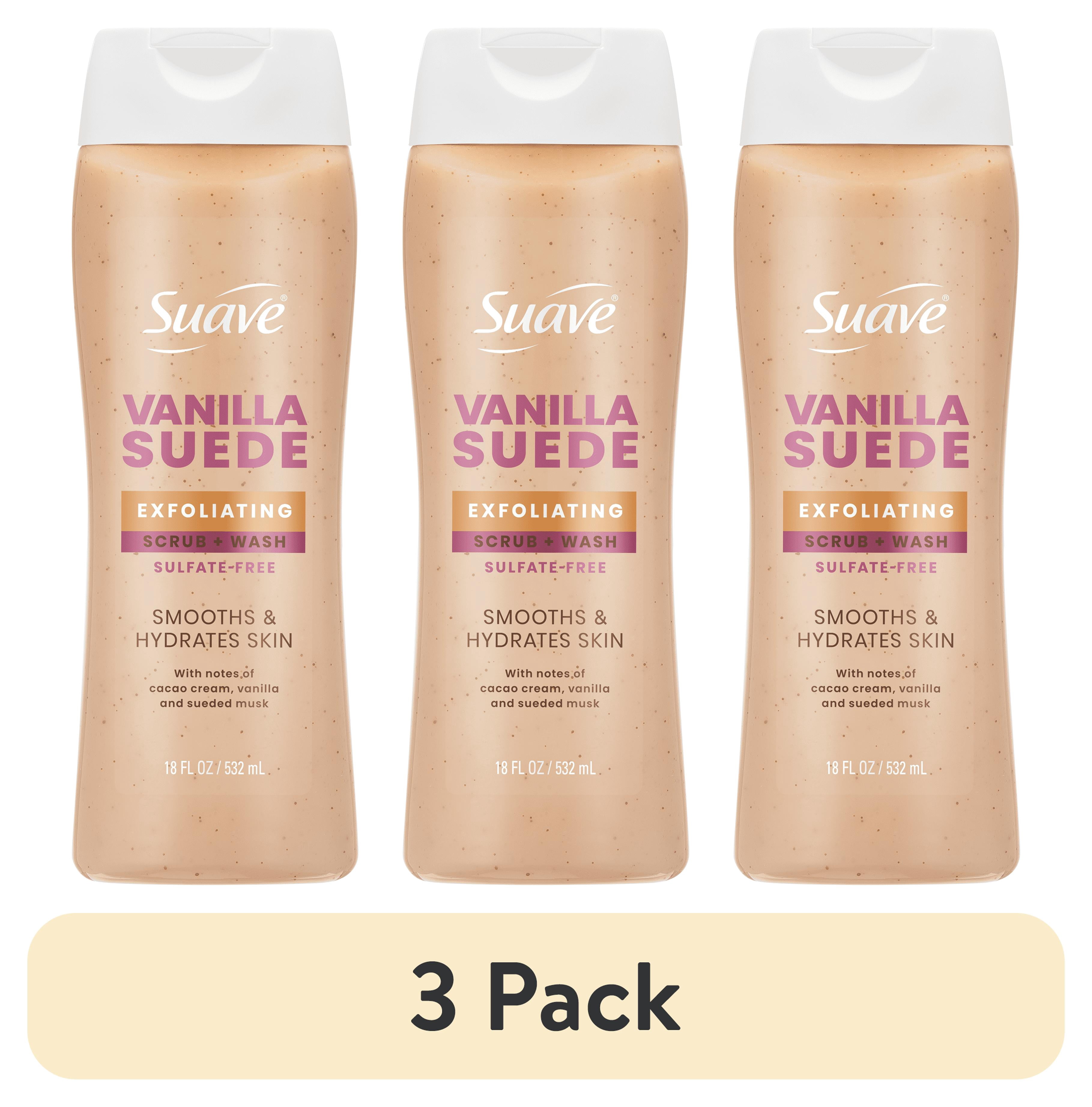 (3 pack) Suave Vanilla Suede Exfoliating Body Wash & Scrub with Glycerin & Vitamin E, 18 fl oz