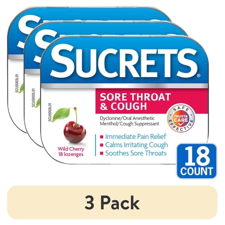 (3 pack) Sucrets Sore Throat Lozenges, Wild Cherry Flavor, 18 Count