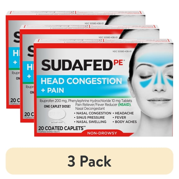(3 pack) Sudafed PE Non-Drowsy Head Congestion + Pain Relief Caplets, 20 Ct