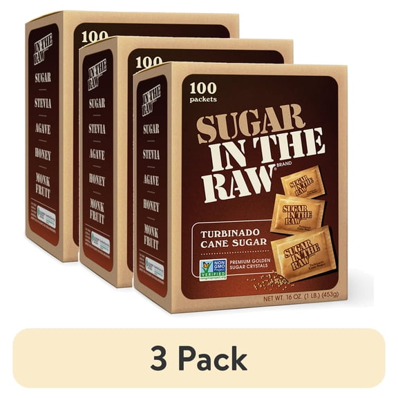 (3 pack) Sugar In The Raw, Turbinado Cane Sugar Packets, 100 Count, All-Natural Turbinado Sugar