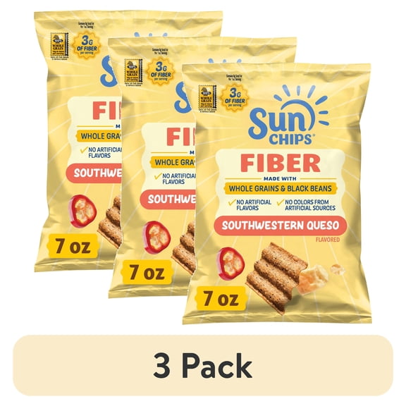 (3 pack) SunChips 100% Whole Grain Black Bean Southwestern Queso Snack Chips Bag, 7 oz
