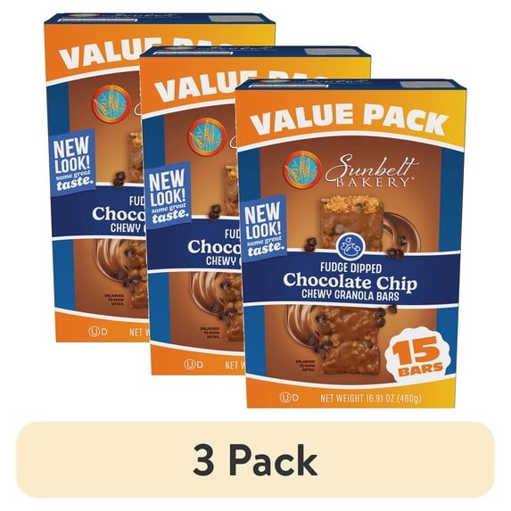 (3 pack) Sunbelt Bakery Chewy Granola Bars, Fudge Dipped Chocolate Chip, 15 Ct Value Pack, 16.91 Oz