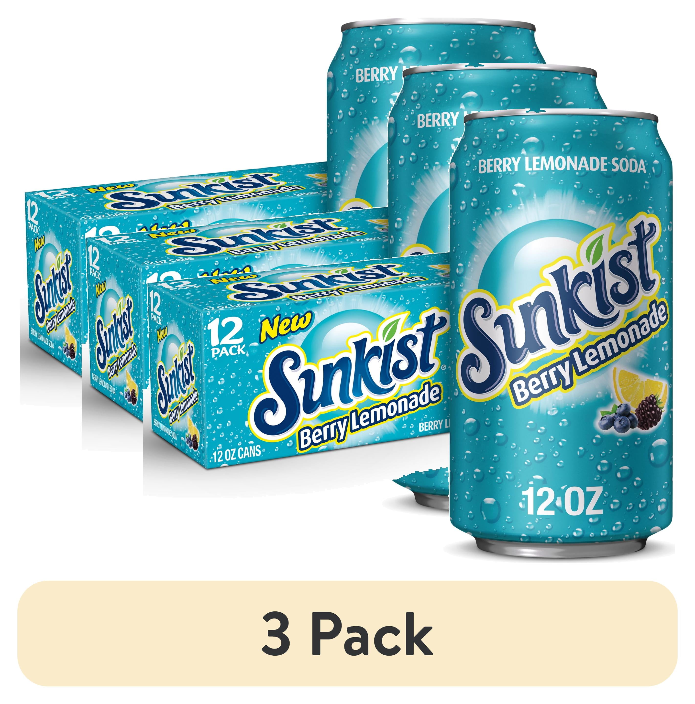 (3 pack) Sunkist Caffeine Free Berry Lemonade Soda Pop, 12 fl oz, 12 Pack Cans, Allergens Not Contained