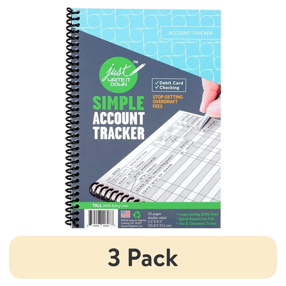 3 pack Superior Register Simple Account Tracker, 5.5 x 8.5, Money Ledger, 50 Pages, Spiral Bound, 1-Count