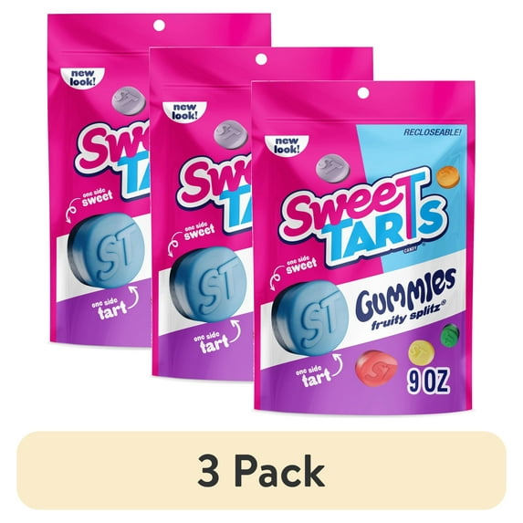 (3 pack) SweeTARTS Gummies Fruity Splitz, Candy, Sweet and Tart, Resealable Bag, 9 oz