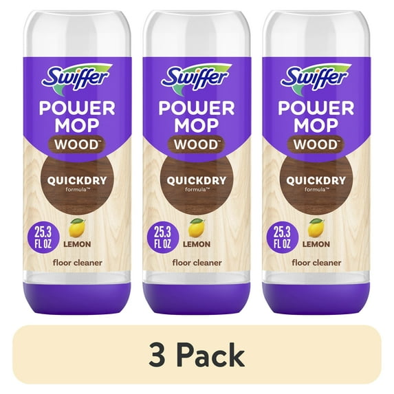 (3 pack) Swiffer Power Mop Wood Refill Solution, QuickDry Hardwood Floor Cleaner, Lemon Scent, 25.3 fl oz