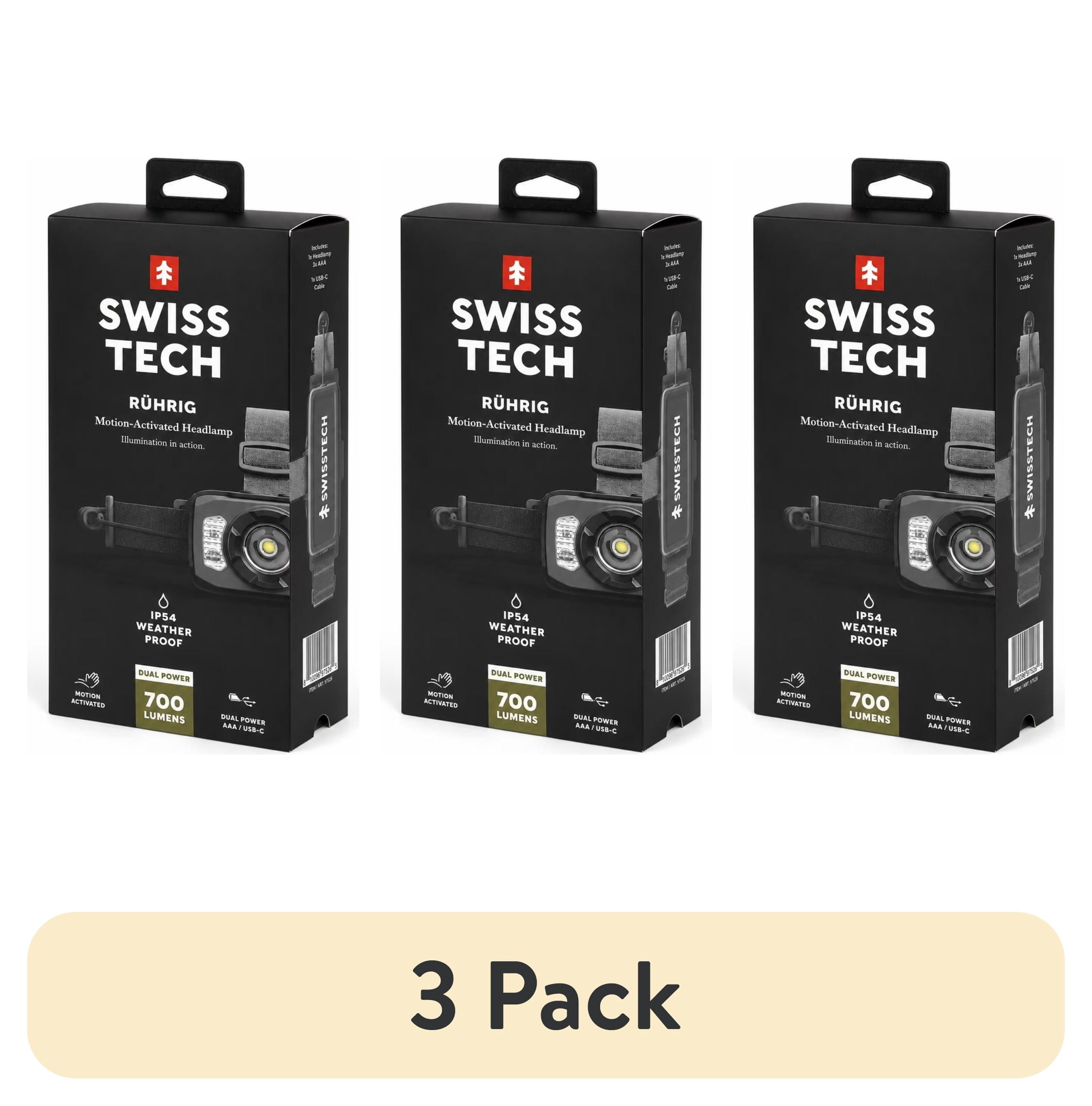 (3 pack) Swiss Tech Rechargeable LED Headlamp, IP54 Weatherproof, Drop Resistant, Motion Activated, 700 Lumen
