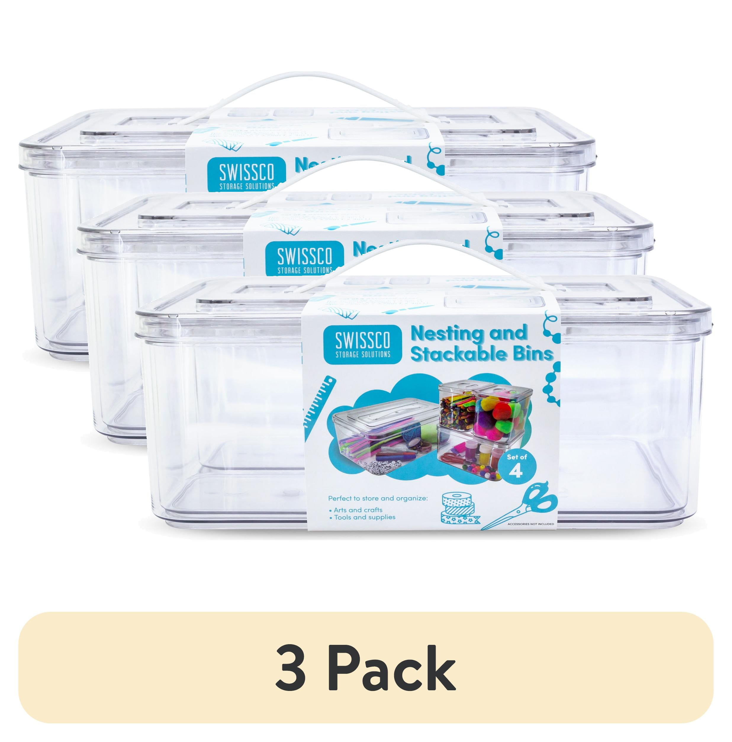(3 pack) Swissco Stackable & Nesting 4 Piece Plastic Organizing Storage Bins for Arts & Craft, Jewelry Supplies, Clear