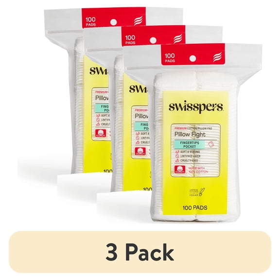 (3 pack) Swisspers Premium 100% Pure Cotton Pillows, Soft, Absorbent, Vegan, Cruelty-Free, 100 Pads