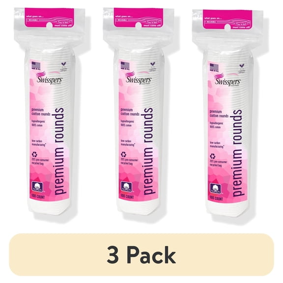 (3 pack) Swisspers Premium Cotton Rounds, 100 Pad 3-Pack (total of 300 Count)