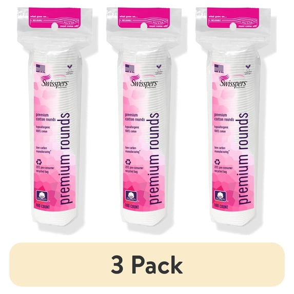 (3 pack) Swisspers Premium Cotton Rounds, 100% Pure Chlorine Free Cotton, Dermatologist Tested, Soft, Strong, Sensitive Skin Safe, Absorbent, Hypoallergenic, Cruelty-Free, Paraben Free, 100 Pads