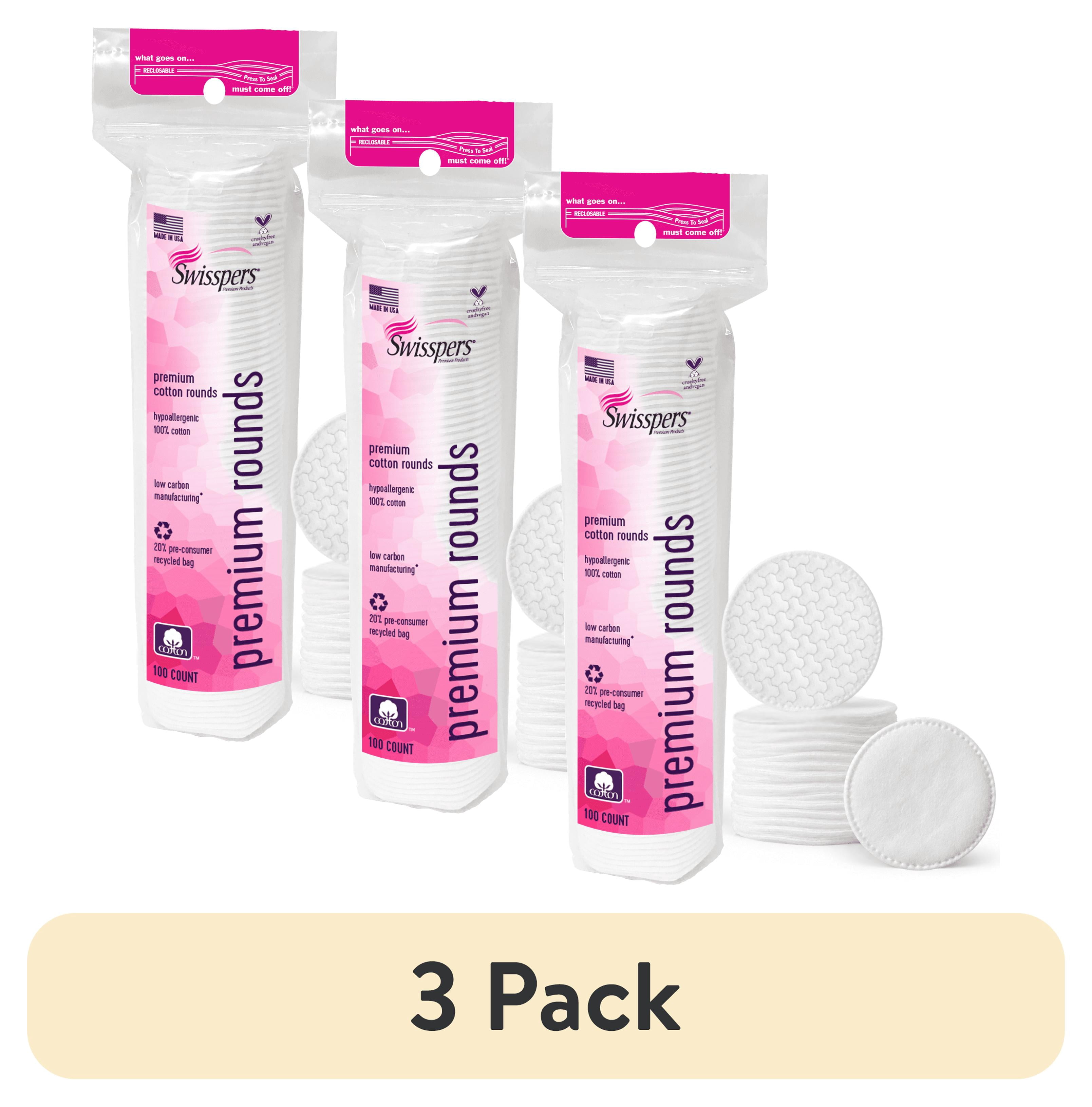 (3 pack) Swisspers Premium Cotton Rounds, 100% Pure Chlorine Free Cotton, Dermatologist Tested, Soft, Strong, Sensitive Skin Safe, Absorbent, Hypoallergenic, Cruelty-Free, Paraben Free, 100 Pads