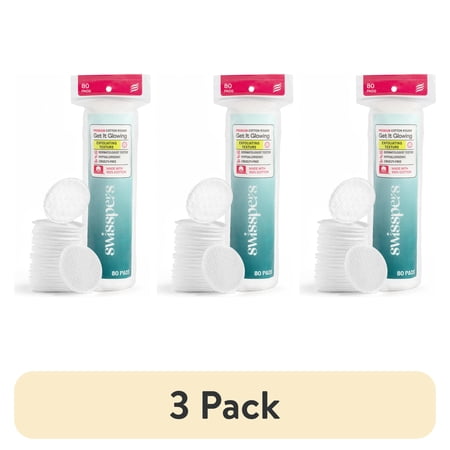 (3 pack) Swisspers Premium Exfoliating 100% Pure Chlorine Free Cotton Rounds, Dermatologist Tested, Soft, Absorbent, Dual-Sided, Gentle Natural Exfoliation, Sensitive Skin Safe, Vegan, Cruelty-Free, 80 Pads