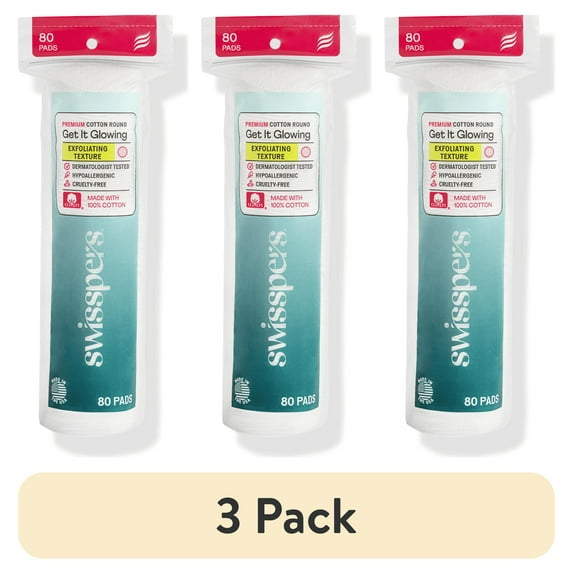 (3 pack) Swisspers Premium Exfoliating 100% Pure Chlorine Free Cotton Rounds, Dermatologist Tested, Soft, Absorbent, Dual-Sided, Gentle Natural Exfoliation, Sensitive Skin Safe, Vegan, Cruelty-Free, 80 Pads