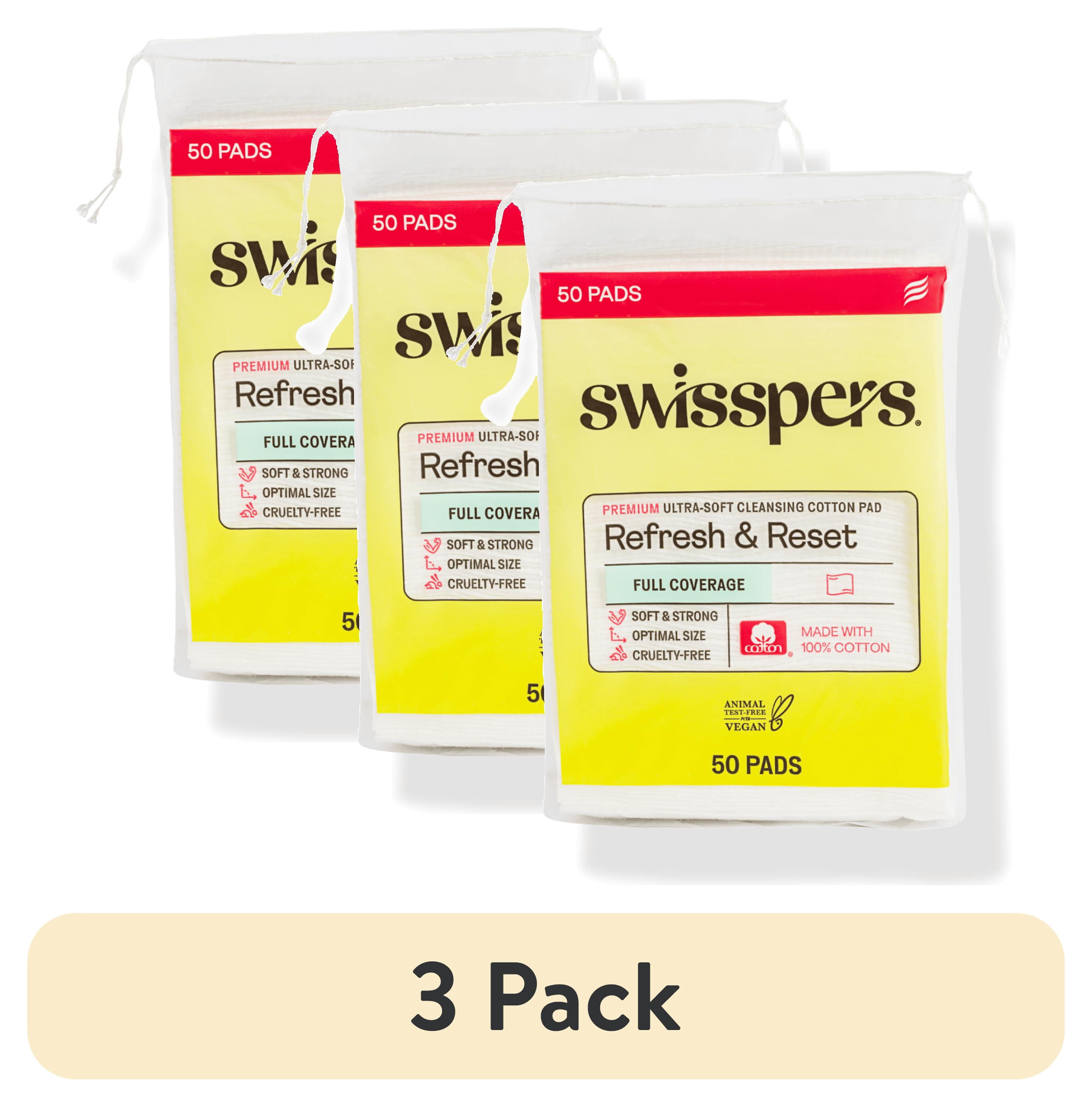 (3 pack) Swisspers Premium Ultra-Soft Cleansing 100% Pure Natural Cotton Pads, Larger & Thicker Rectangular Design, Strong, Absorbent, Versatile, Vegan, Cruelty-Free, 50 Pads