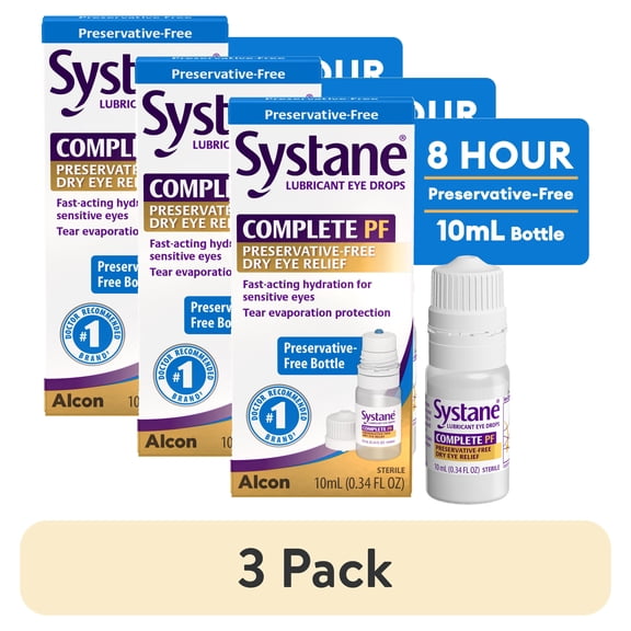 (3 pack) Systane Complete Preservative Free Lubricating Eye Drops, 8 Hours Dry Eye Relief, 0.34 fl oz