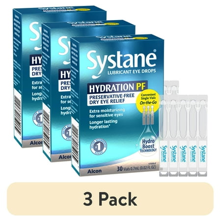 (3 pack) Systane Hydration Preservative Free Liquid Drops for Dry Eye Relief and Daily Use, 30 Vials