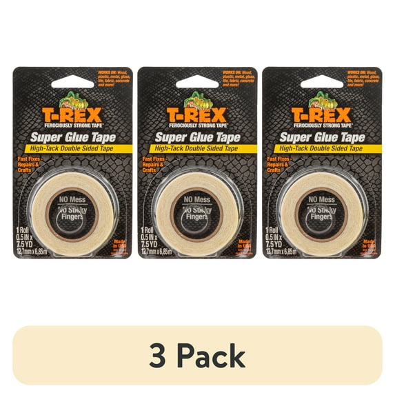 (3 pack) T-Rex Super Glue Tape, 0.5 in x 7.5 yd, Clear