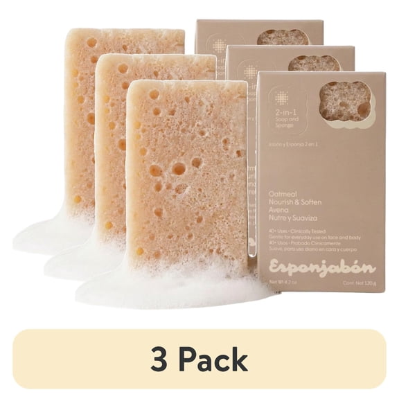 (3 pack) Esponjabon Oatmeal Soap Sponge - Soothe & Exfoliate 2-in-1 Soap Sponge - for Face and Body - 4.2 oz