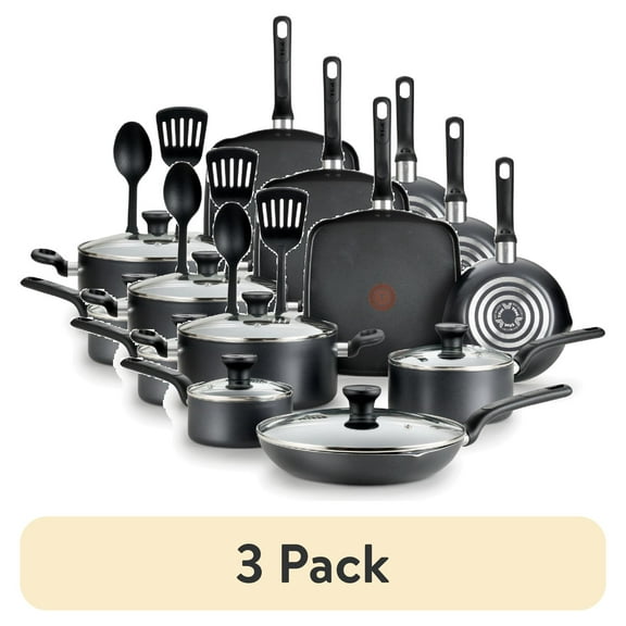 (3 pack) T-fal Easy Care 12-Piece Non-Stick Cookware Set, Pots and Pans, Grey
