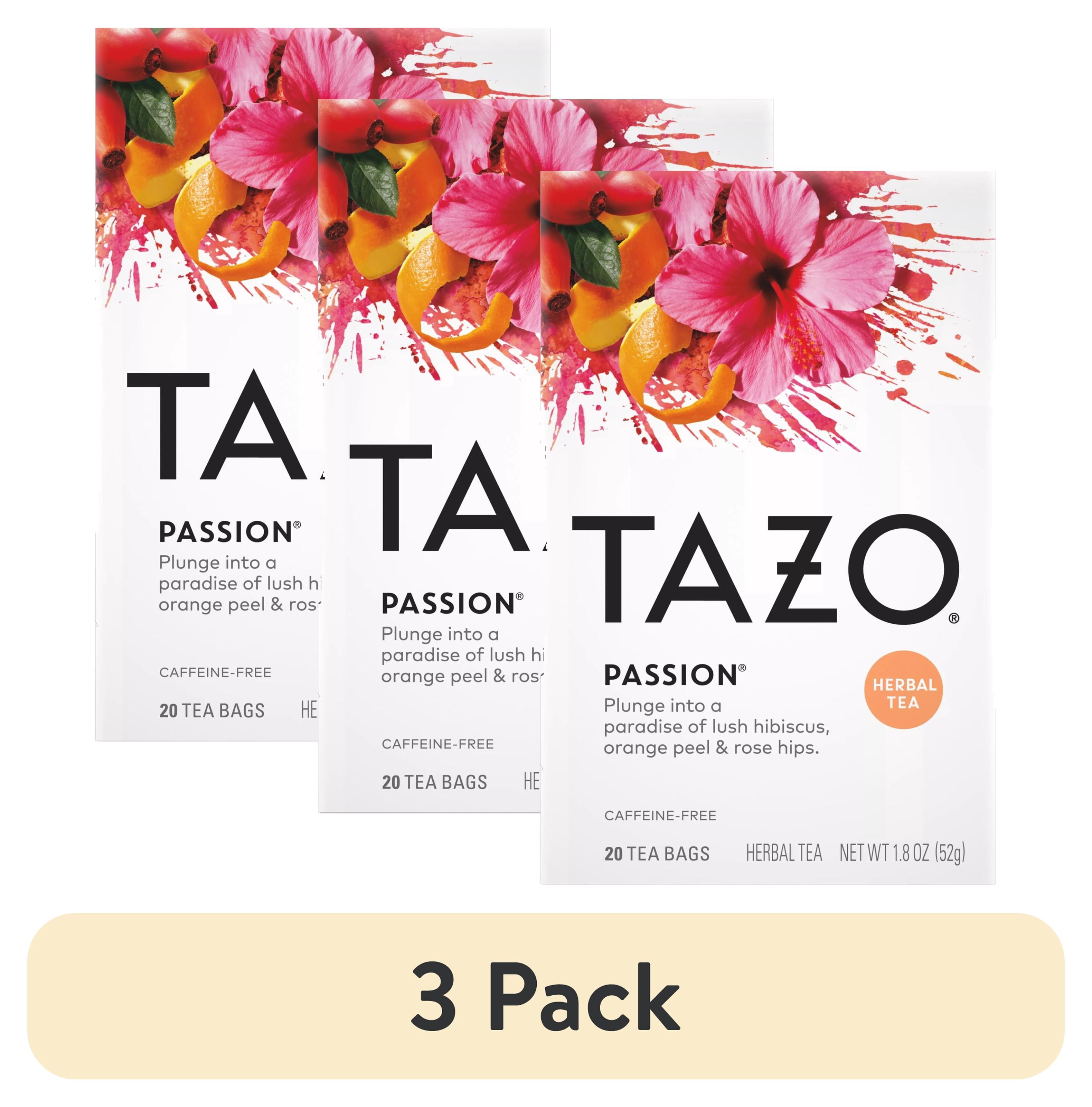 (3 pack) TAZO Passion Herbal Tea Bags, Iced or Hot, Caffeine-Free, 20ct