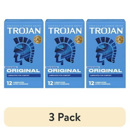(3 pack) Trojan Original Latex Lubricated Condoms for Men, Classic Straight Shape, 12 Count