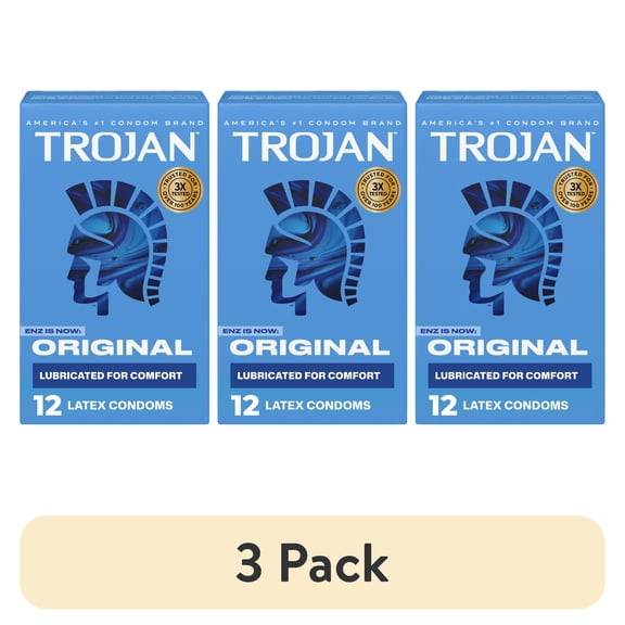 (3 pack) Trojan Original Latex Lubricated Condoms for Men, Classic Straight Shape, 12 Count
