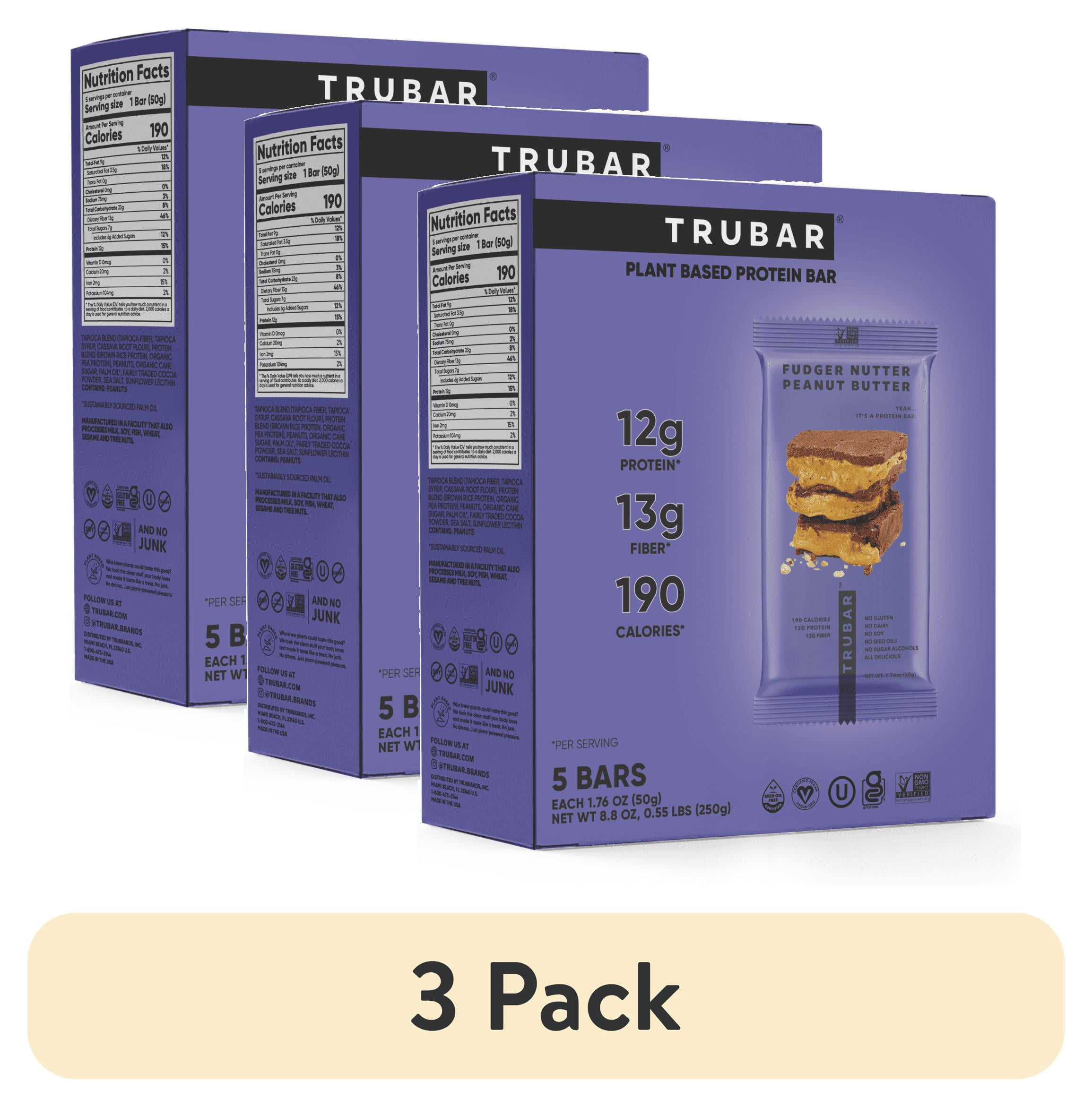 (3 pack) TRUBAR Protein Bar, Fudger Nutter Peanut Butter, Plant Based Protein, Vegan, Gluten Free, Kosher, 5 Count