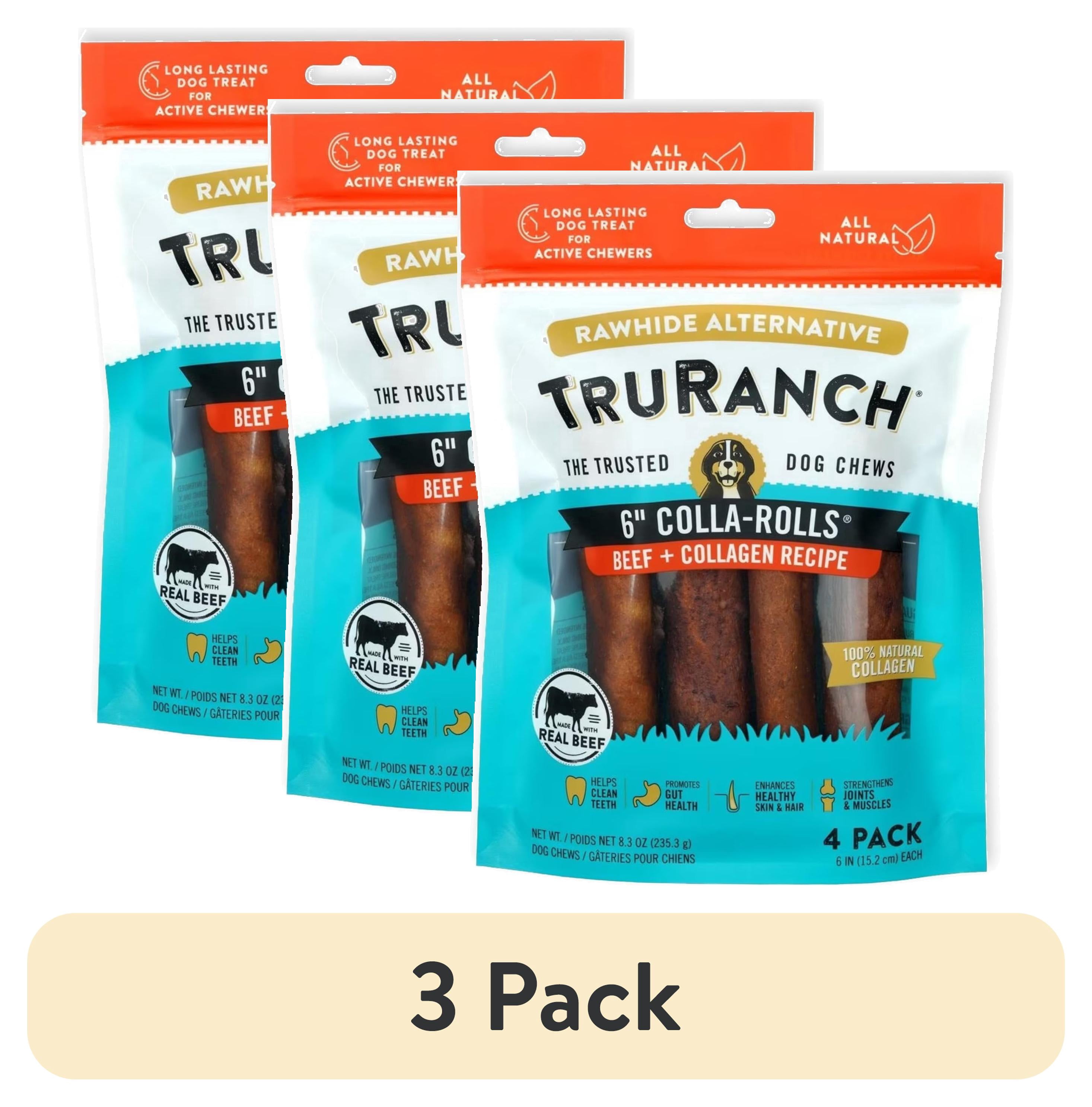 (3 pack) TRURANCH Collagen Rolls - 6" Collagen Rolls for Dogs - Long Lasting Healthy Joint Support Dog Treat - Rawhide Alternative - Skin & Coat Health - Made with Real Beef, 1 Bag, 4 Count