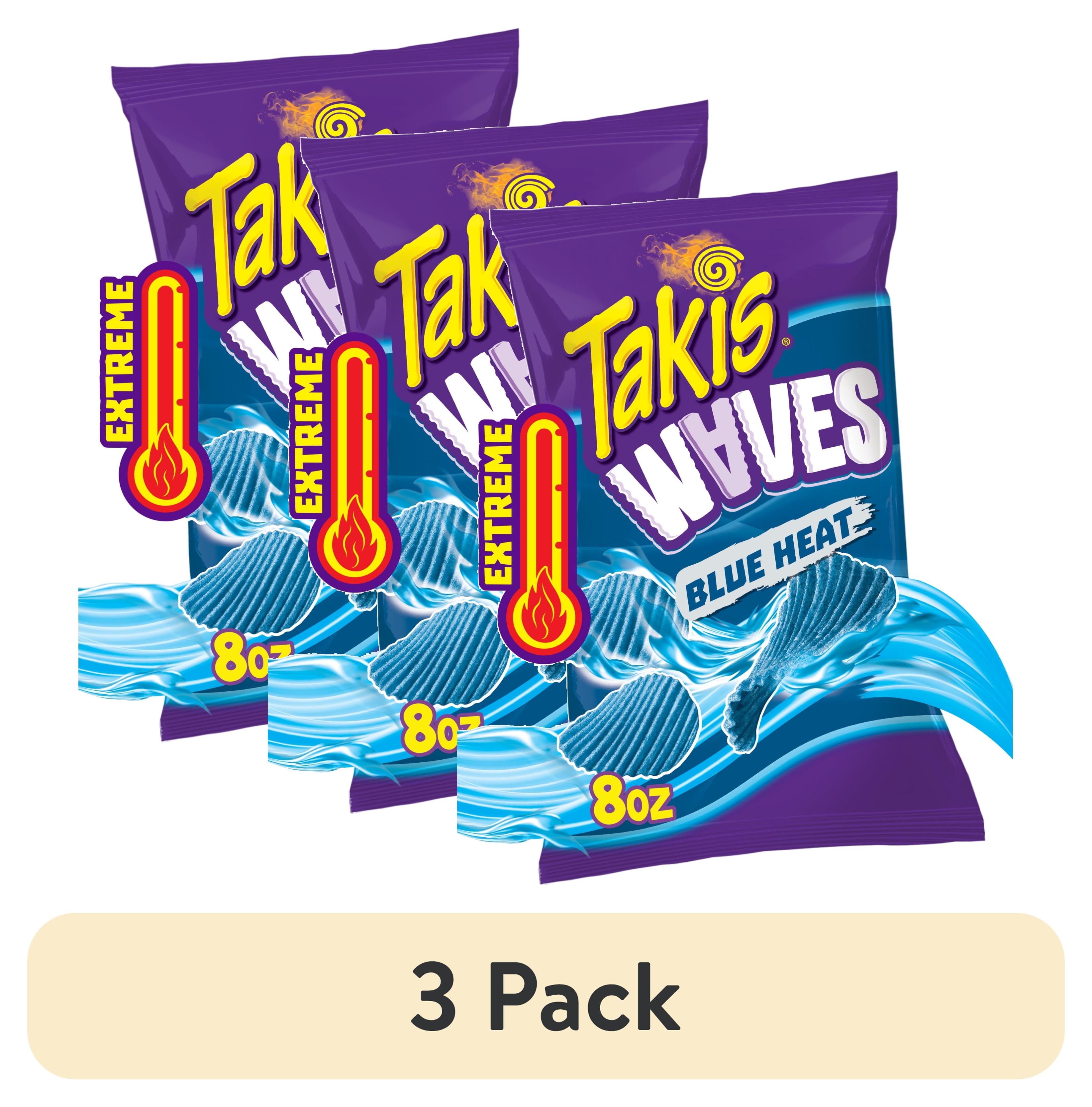(3 pack) Takis Blue Heat Waves 8 oz Sharing Size Bag, Hot Chili Pepper Wavy Potato Chips