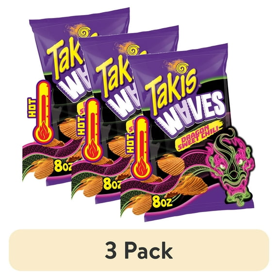 (3 pack) Takis Dragon Sweet Chili Waves 8 oz Sharing Size Bag, Spicy Sweet Chili Pepper Wavy Potato Chips