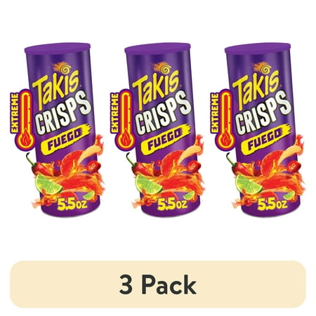 (3 pack) Takis Fuego Crisps 5.5 oz Sharing Size Can, Hot Chili Pepper & Lime Potato Crisps