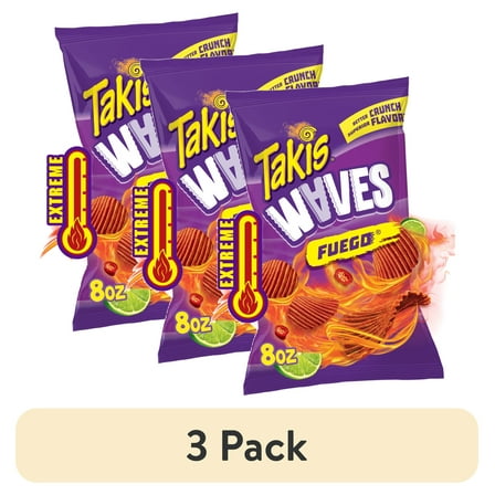 (3 pack) Takis Fuego Waves 8 oz Sharing Size Bag, Hot Chili Pepper & Lime Wavy Potato Chips