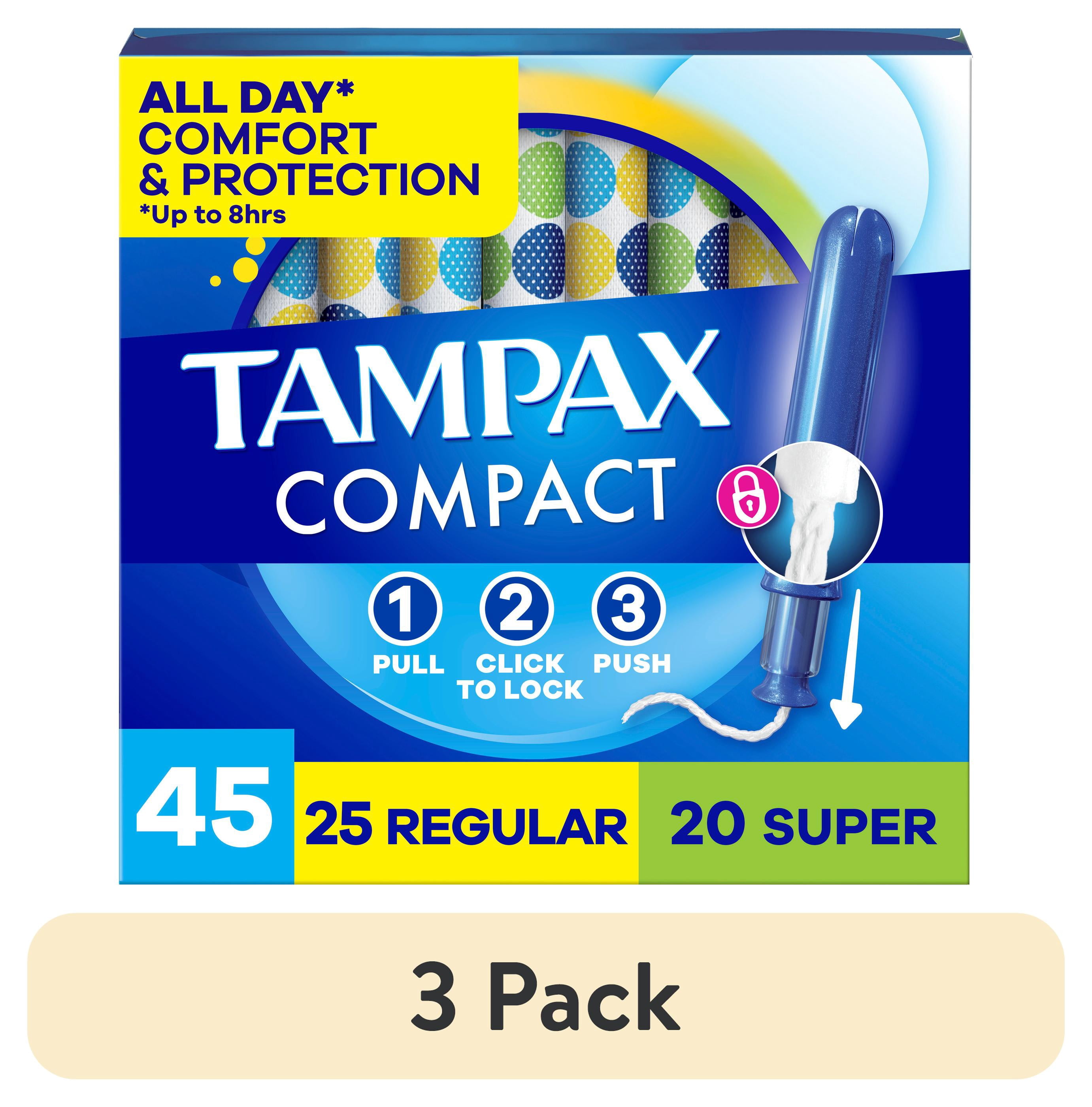 (3 pack) Tampax Compact Pearl Tampons Multipack, with LeakGuard Braid & Extendable Applicator, Regular/Super Absorbency, Compact Extendable Applicator, Unscented, 45 Count