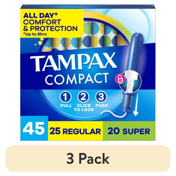 (3 pack) Tampax Compact Pearl Tampons Multipack, with LeakGuard Braid & Extendable Applicator, Regular/Super Absorbency, Compact Extendable Applicator, Unscented, 45 Count