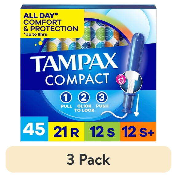 (3 pack) Tampax Compact Pearl Tampons Multipack, Unscented, 45 Count