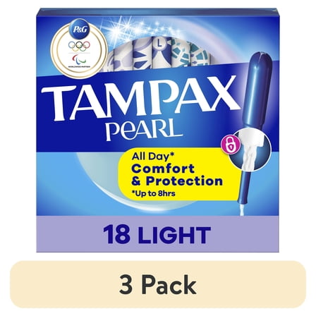 (3 pack) Tampax Pearl Tampons with LeakGuard Braid, Light Absorbency, 18 Ct