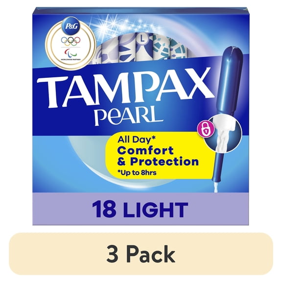 (3 pack) Tampax Pearl Tampons with LeakGuard Braid, Light Absorbency, 18 Ct