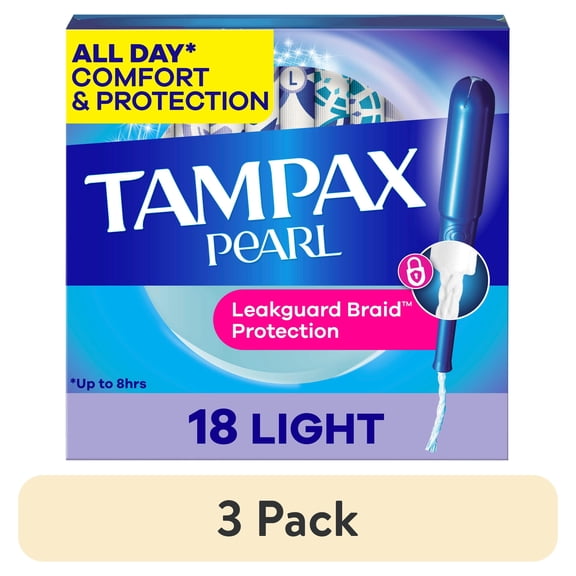 (3 pack) Tampax Pearl Tampons with LeakGuard Braid, Light Absorbency, 18 Count