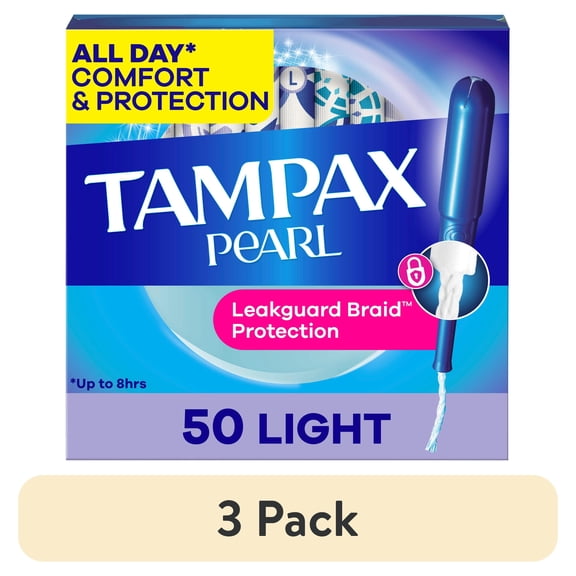 (3 pack) Tampax Pearl Tampons with LeakGuard Braid, Light Absorbency, 50 Count