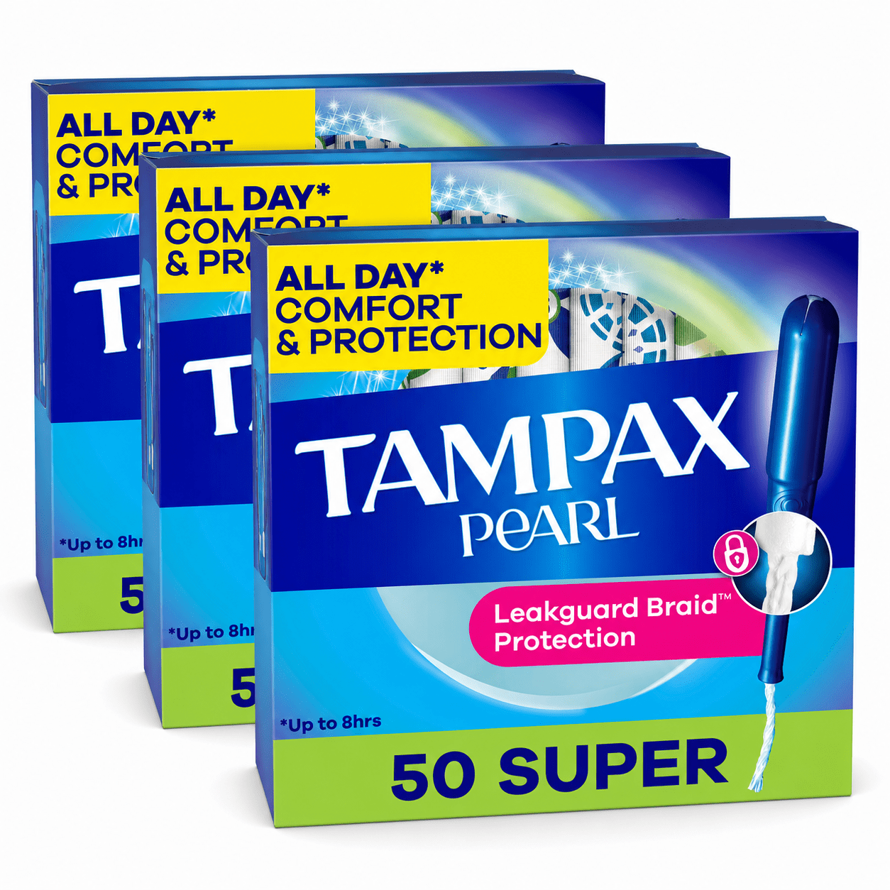 (3 pack) Tampax Pearl Tampons with LeakGuard Braid, Super Absorbency, 50 Count