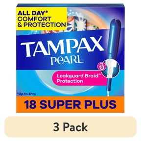 (3 pack) Tampax Pearl Tampons with LeakGuard Braid, Super Plus Absorbency, 18 Count