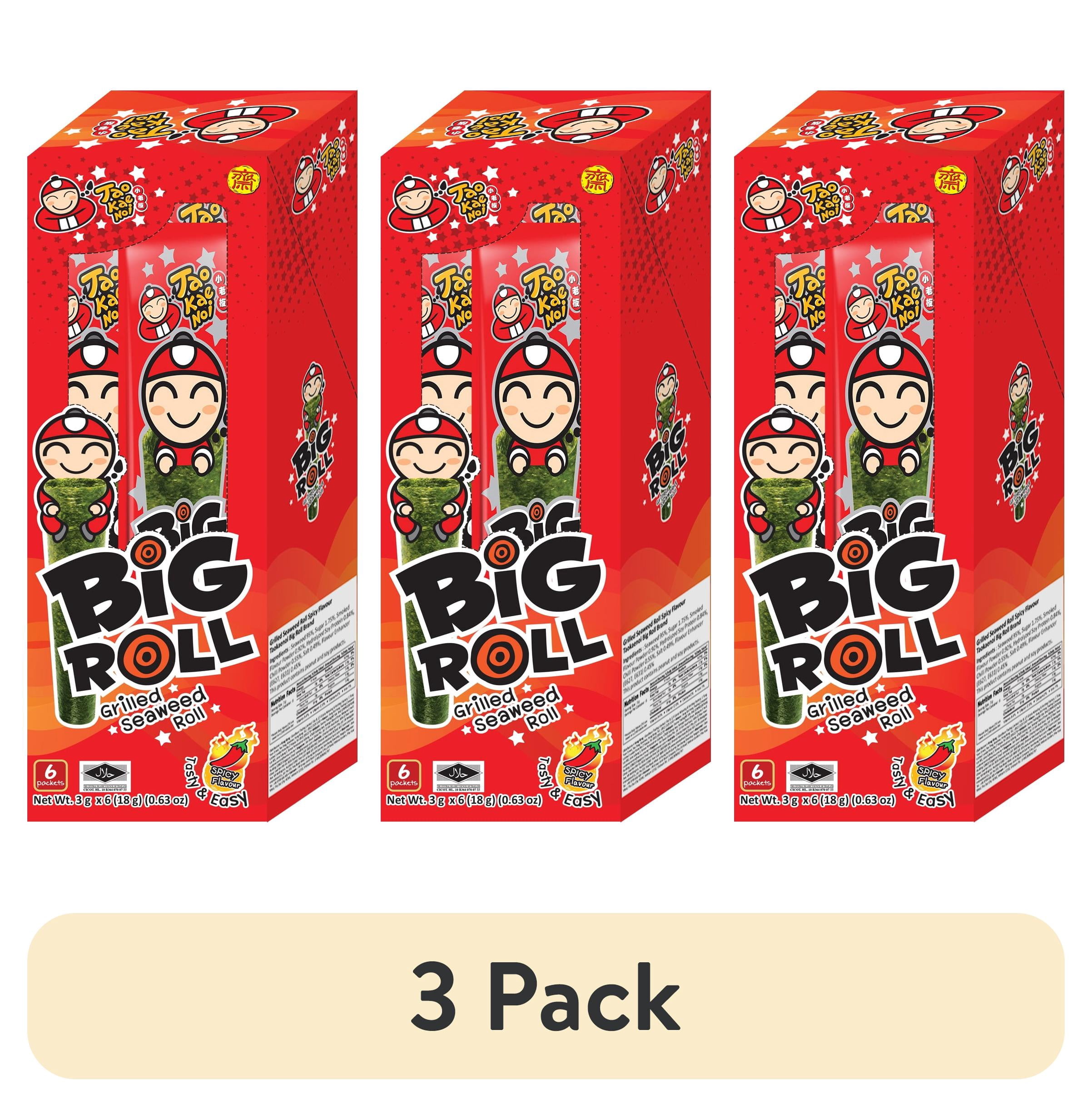 (3 pack) Tao Kae Noi Spicy Flavor Grilled Seaweed Roll Snack, 0.63 oz, 6 Count Box