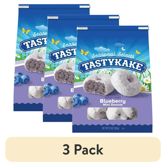 (3 pack) Tastykake Blueberry Mini Donuts, Shareable Blueberry Flavored Powdered Donuts, 10 oz Bag, Shelf-Stable