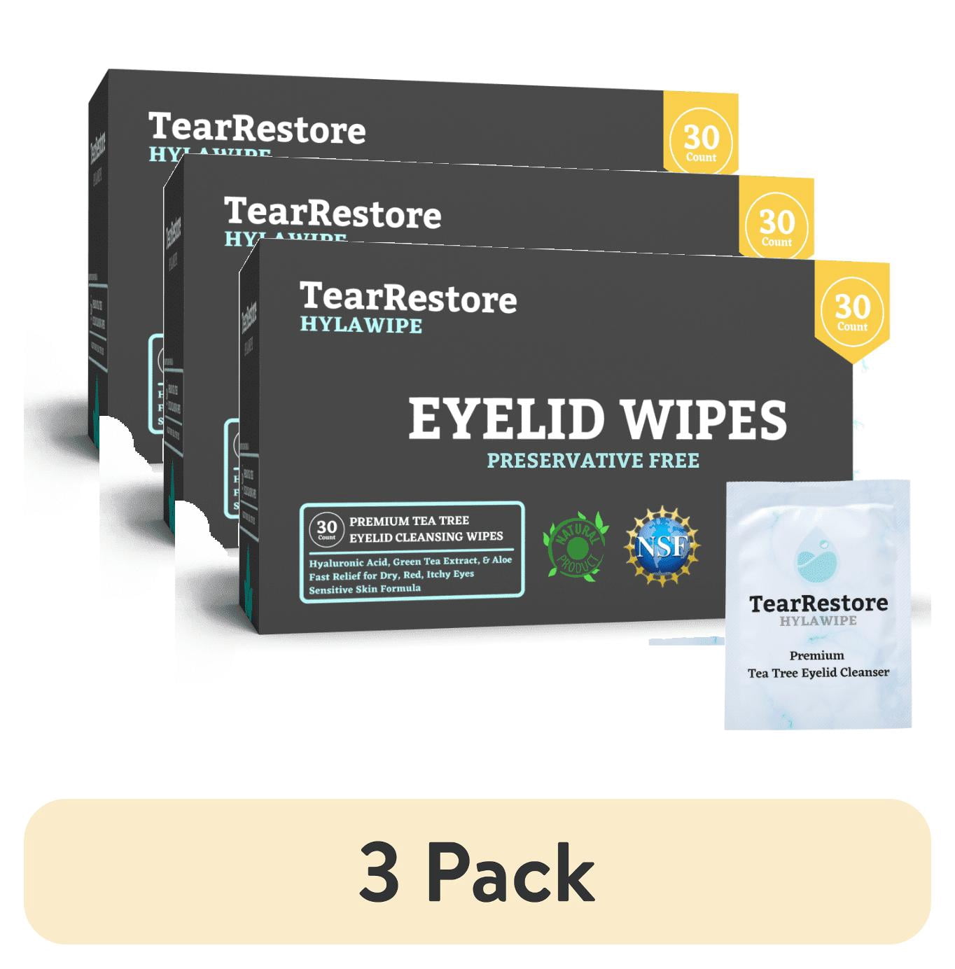 (3 pack) TearRestore HylaWipe Eyelid Wipes for Dry, Red, Itchy Eyes. Hypoallergenic Natural Tea Tree Cleanser, 30 Count